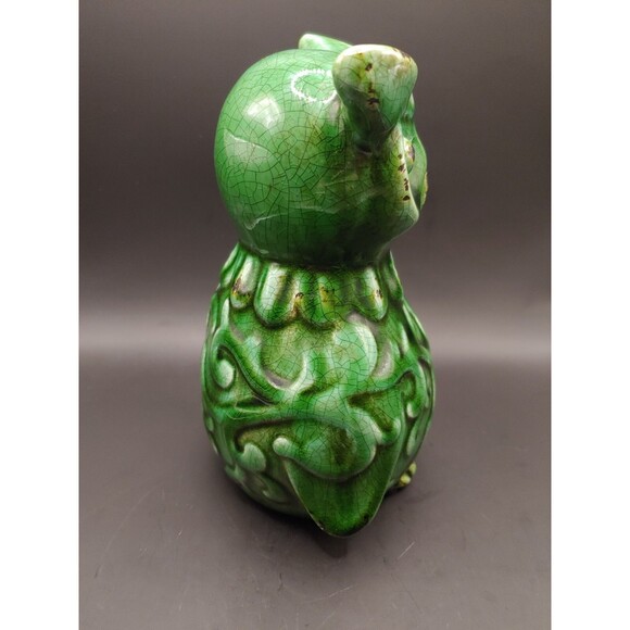 Green Ceramic Owl Figurine With Faux Crazing & Distressed Age - Picture 3 of 6
